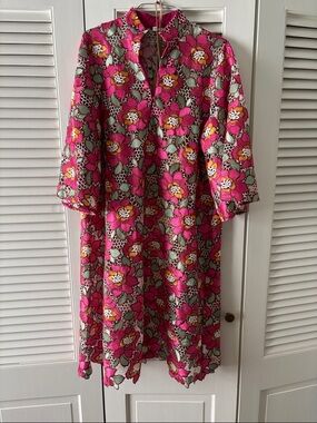 Victoria Dunn Pink Floral Midi Dress with Green and Yellow Accents